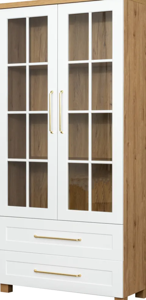 Witryna 2-drzwiowa i 2-szufladowa Hawana (biały lakier mat/dąb soma ciemny)